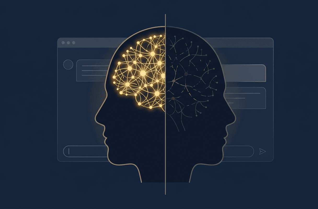 is AI making us dumber concept showing human brain silhouette with glowing neural pathways fading on one side beside an AI interface, representing cognitive offloading and mental atrophy from AI dependency